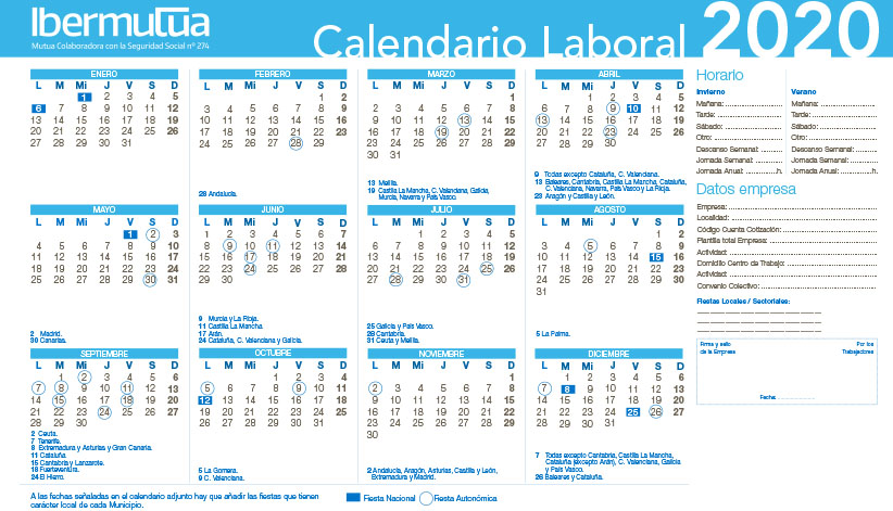 Calendario Laboral para el año 2020